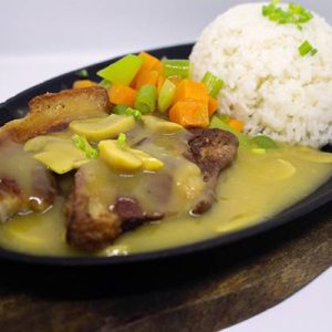 sizzling liempo with rice and gravy